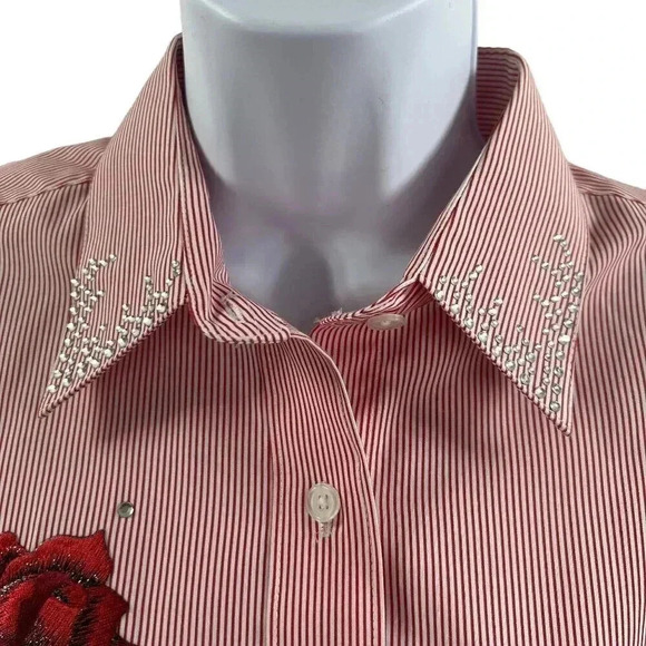 Vintage Las Olas Womens M Red Striped Button Top Rose Embroidery Blouse Western - Picture 4 of 13